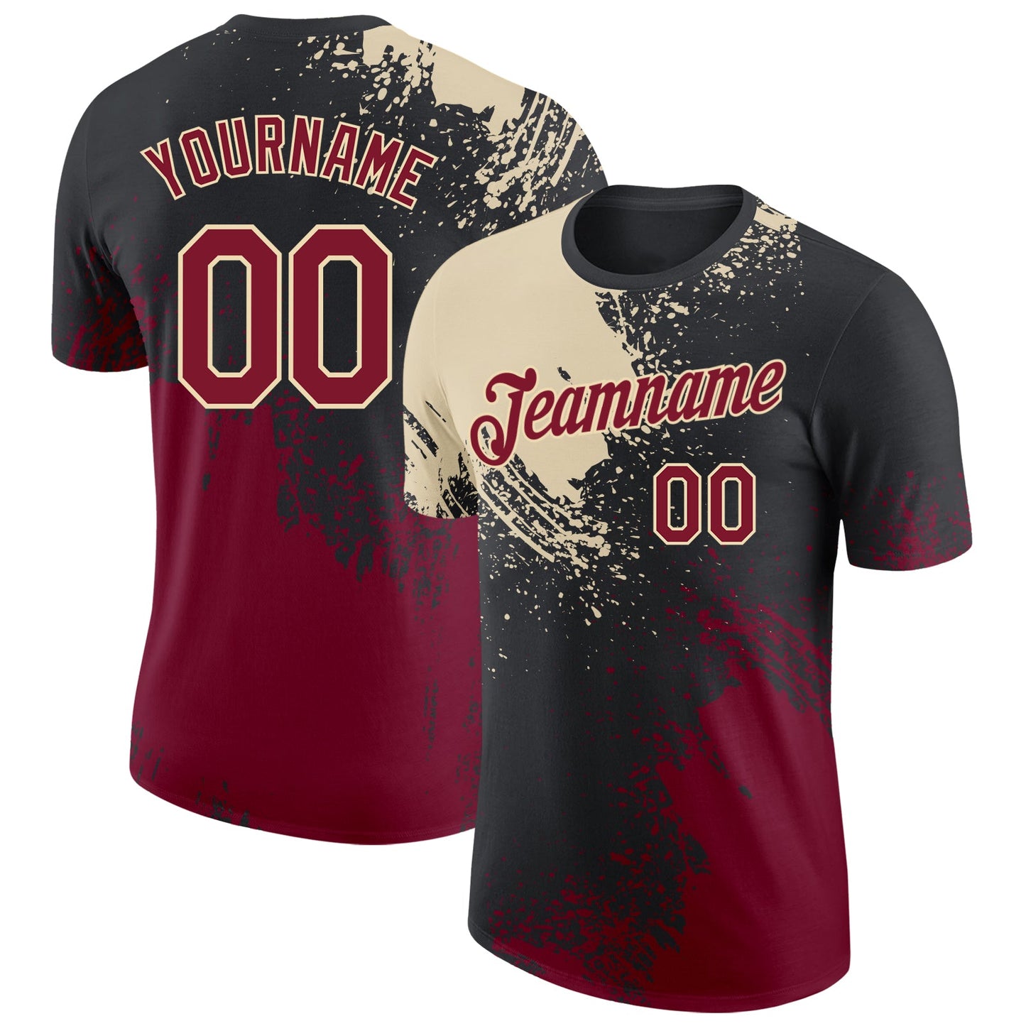 Custom Black Crimson-Cream Abstract Brush Stroke Performance T-Shirt - Main View
