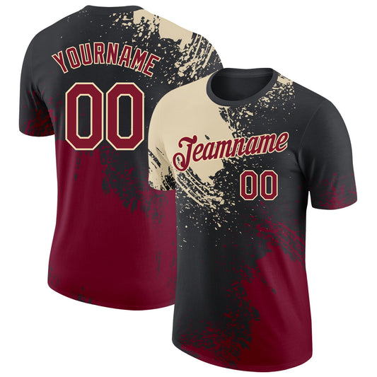 Custom Black Crimson-Cream Abstract Brush Stroke Performance T-Shirt - Main View