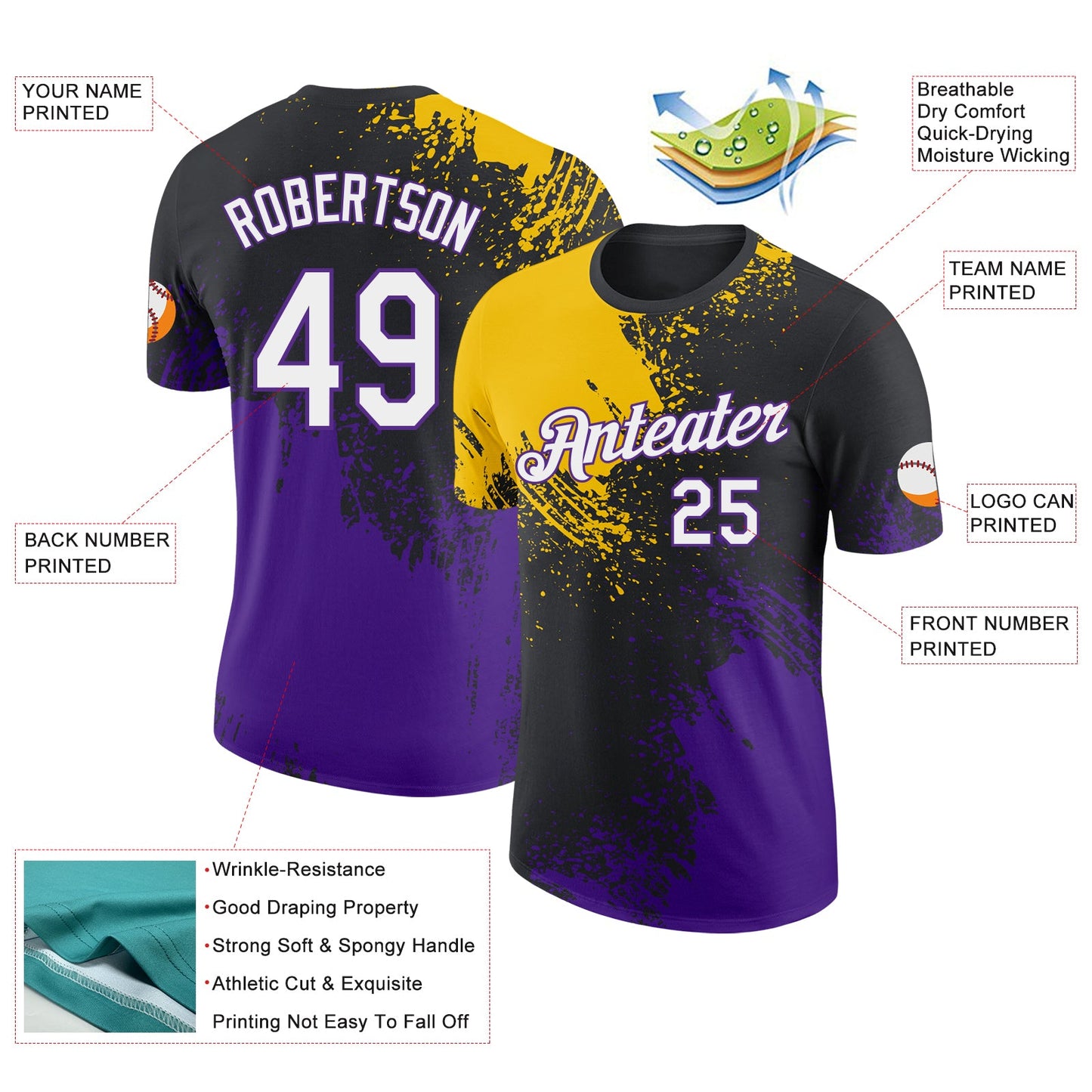Custom Black White Yellow-Purple Abstract Brush Stroke Performance T-Shirt view 2