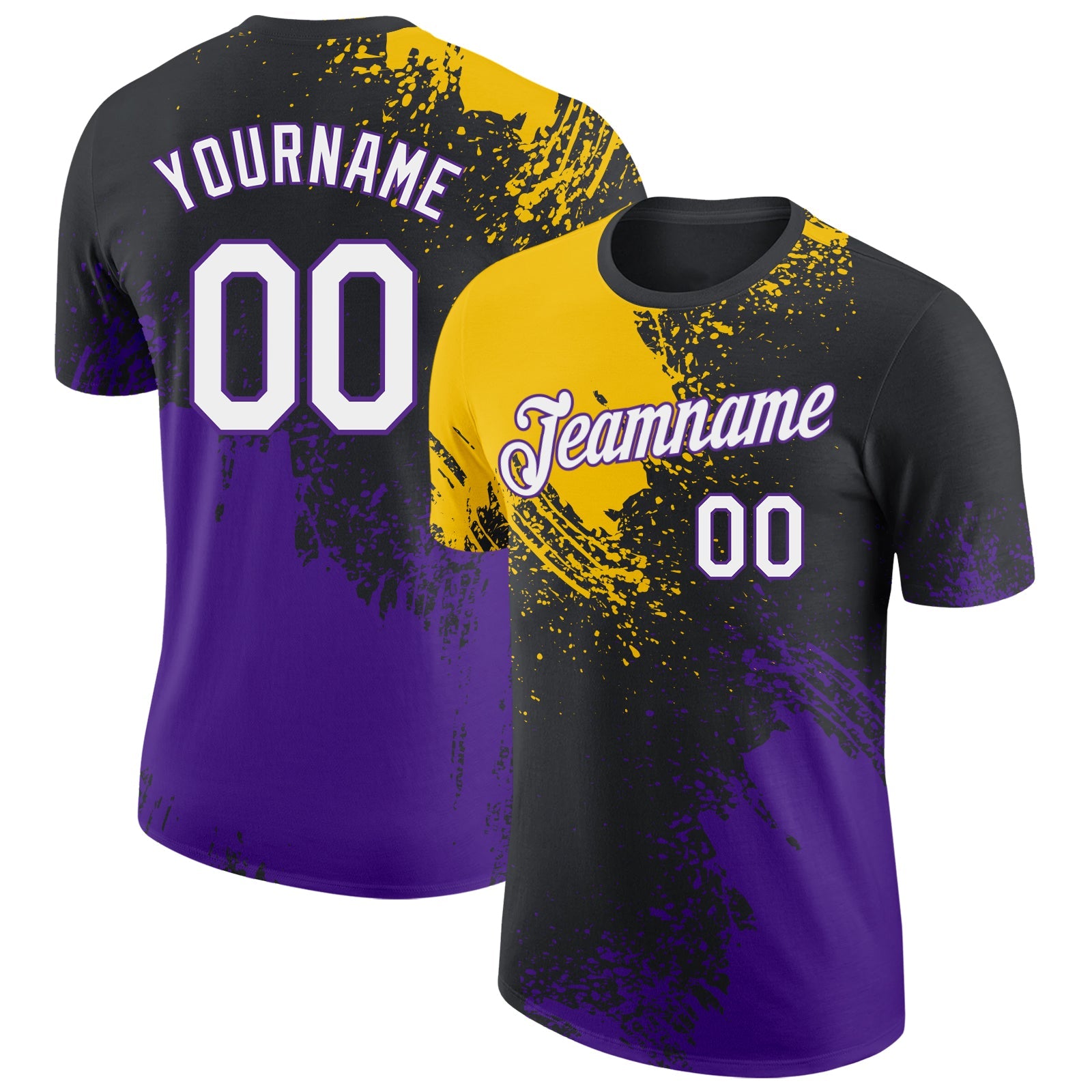 Custom Black White Yellow-Purple Abstract Brush Stroke Performance T-Shirt - Main View