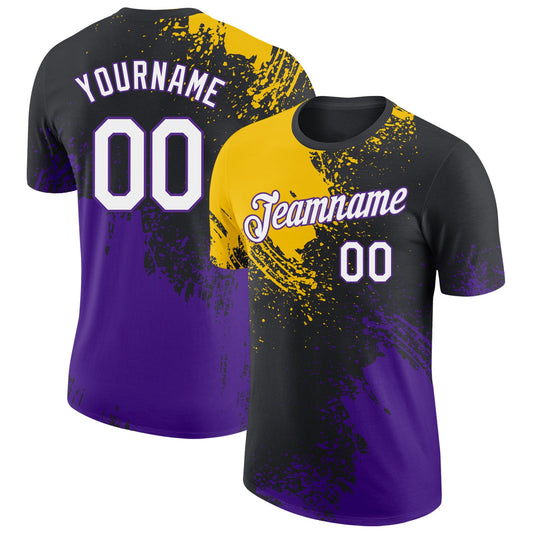 Custom Black White Yellow-Purple Abstract Brush Stroke Performance T-Shirt - Main View