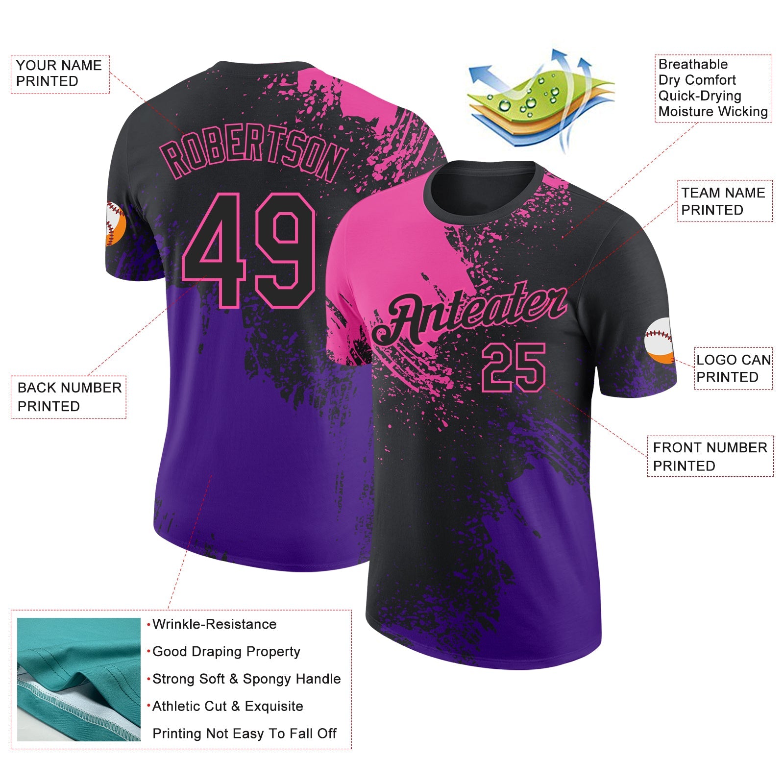 Custom Black Pink-Purple Abstract Brush Stroke Performance T-Shirt view 2