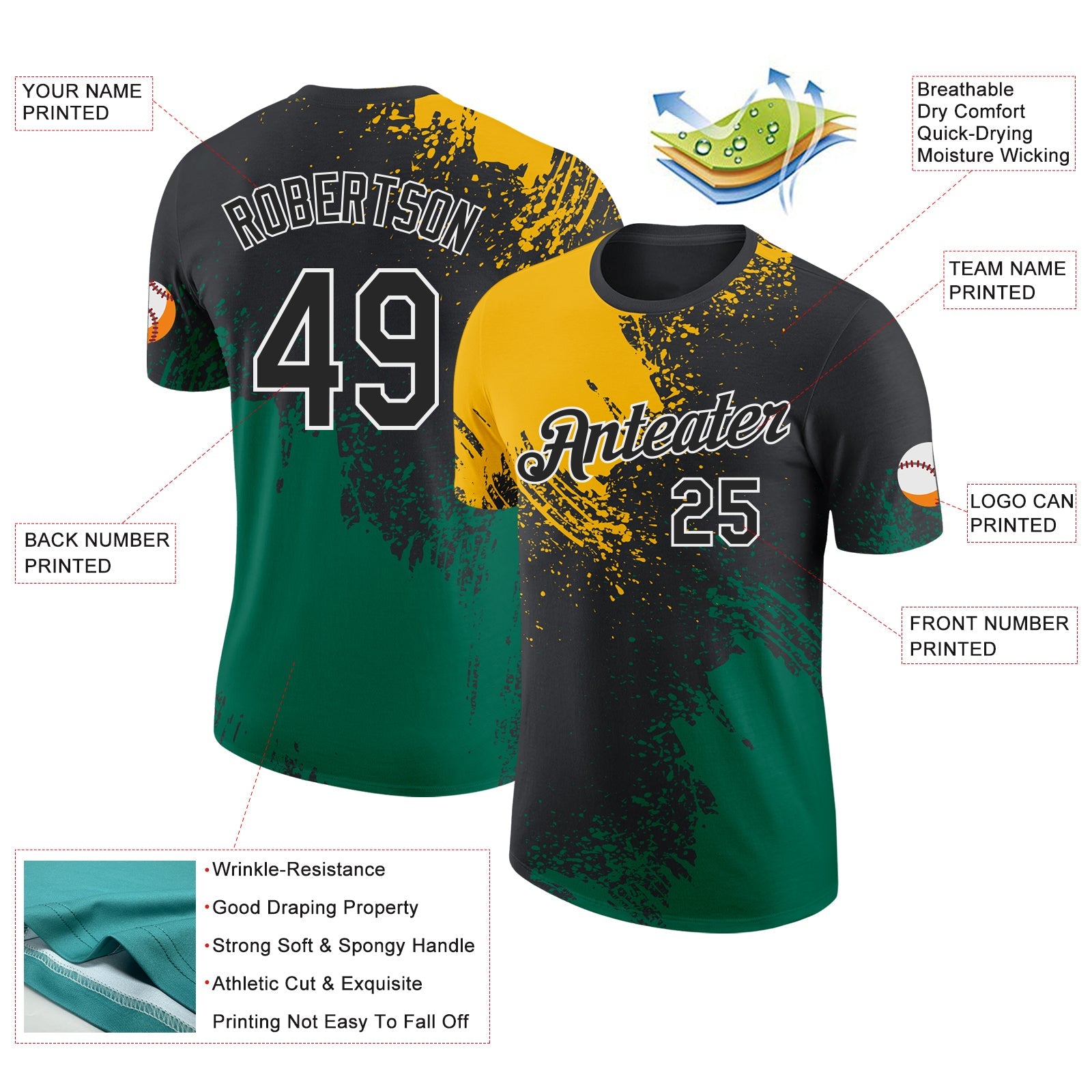 Custom Black Gold Kelly Green-White Abstract Brush Stroke Performance T-Shirt view 2