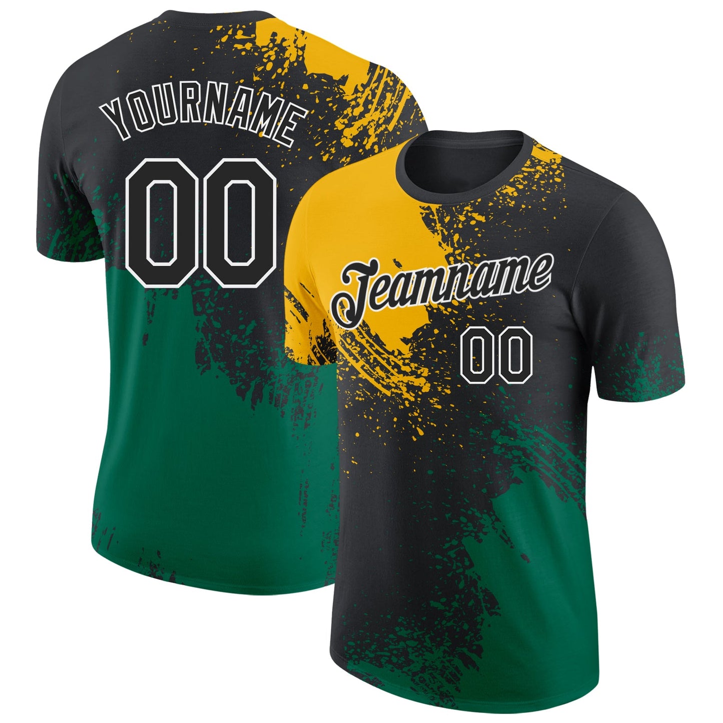 Custom Black Gold Kelly Green-White Abstract Brush Stroke Performance T-Shirt - Main View