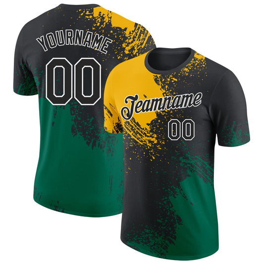 Custom Black Gold Kelly Green-White Abstract Brush Stroke Performance T-Shirt - Main View
