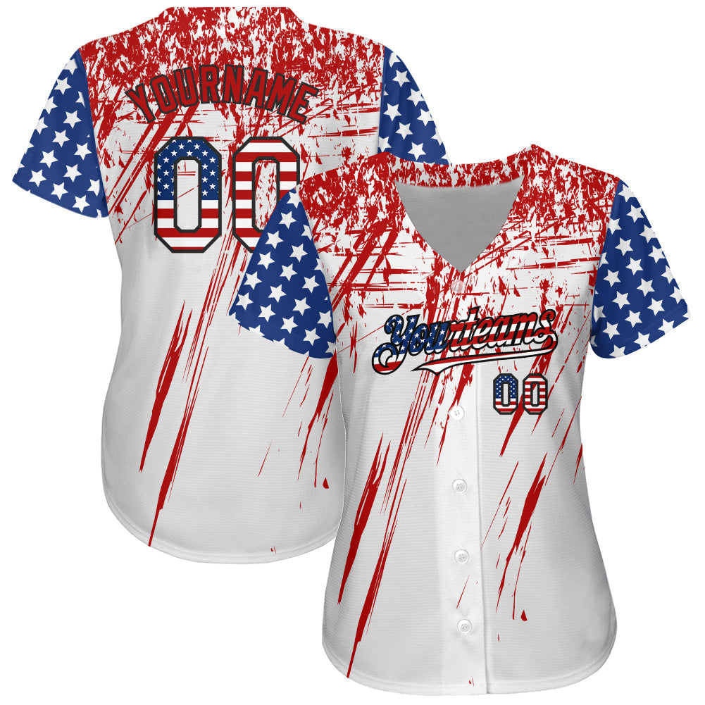Custom White USA Flag Royal Red-Black 3D Authentic Baseball Jersey view 2