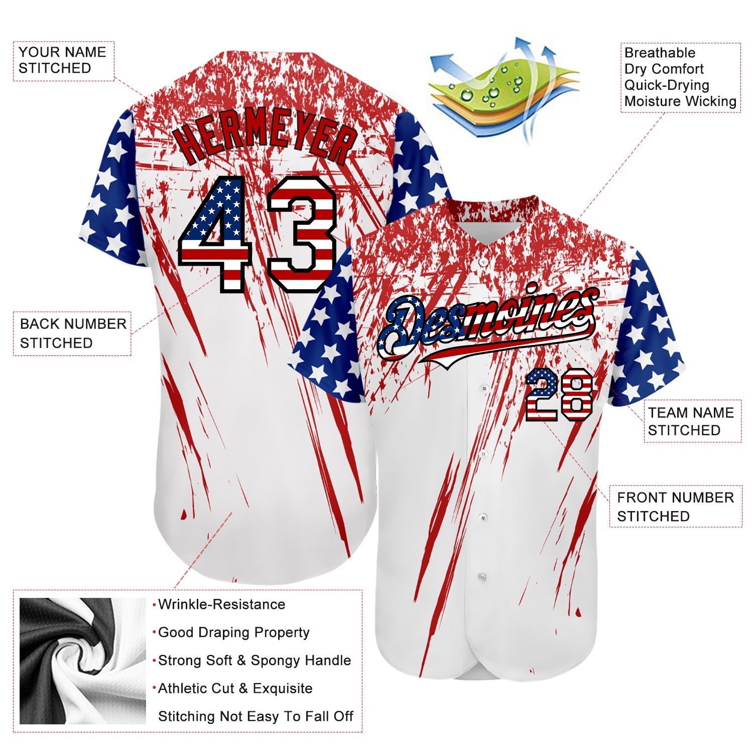 Custom White USA Flag Royal Red-Black 3D Authentic Baseball Jersey view 3