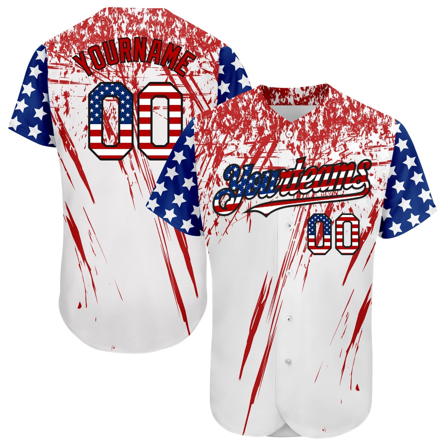 Custom White USA Flag Royal Red-Black 3D Authentic Baseball Jersey - Main View