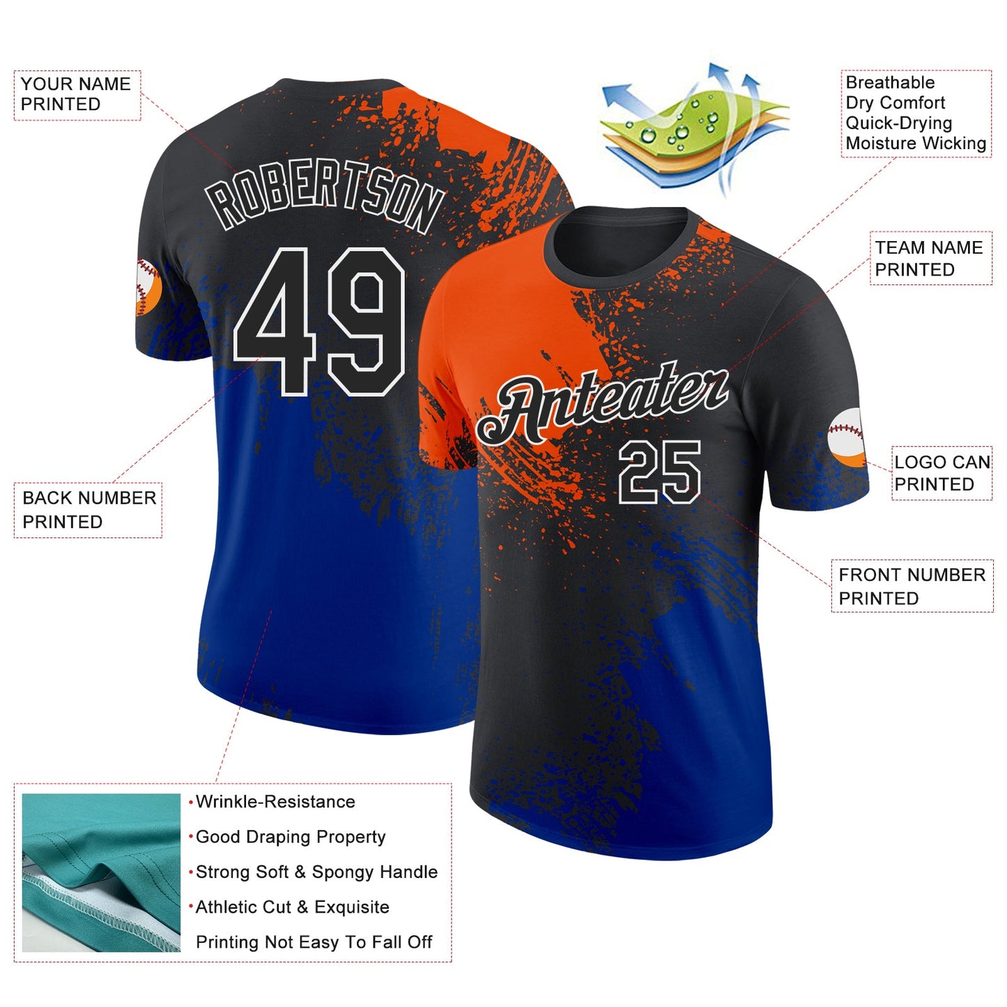Custom Black Orange Royal-White Abstract Brush Stroke Performance T-Shirt view 2