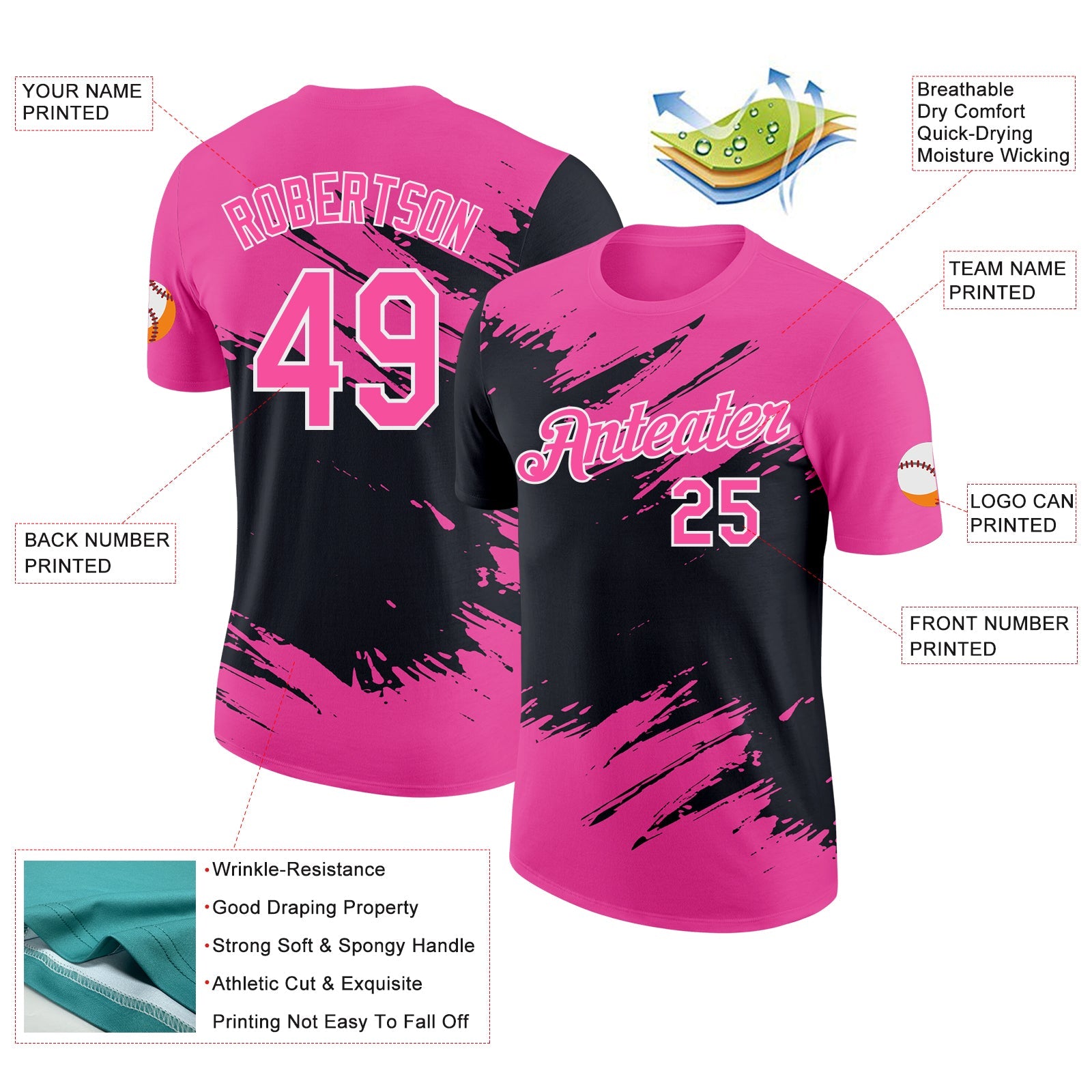 Custom Pink Black-White Abstract Brush Stroke Splatter Performance T-Shirt view 2