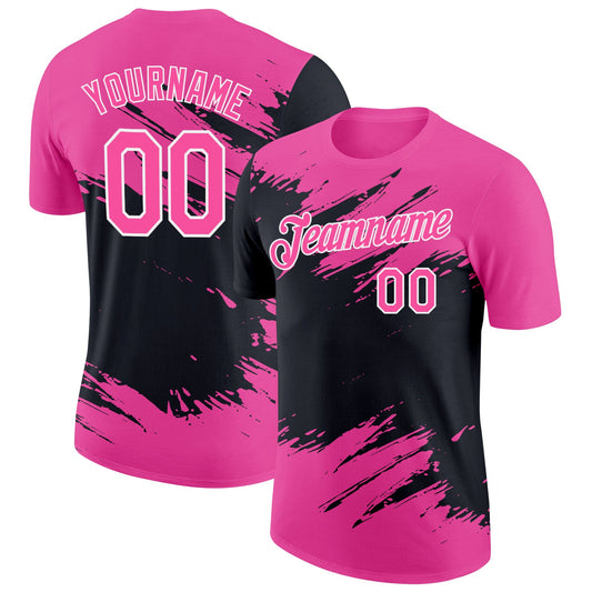 Custom Pink Black-White Abstract Brush Stroke Splatter Performance T-Shirt - Main View
