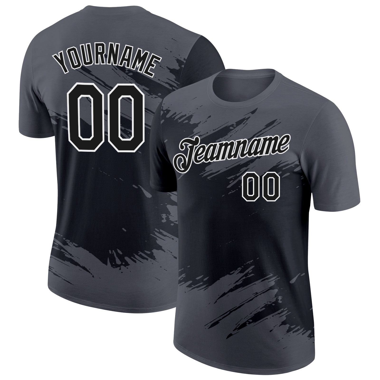 Custom Steel Gray Black-White Abstract Brush Stroke Splatter Performance T-Shirt - Main View