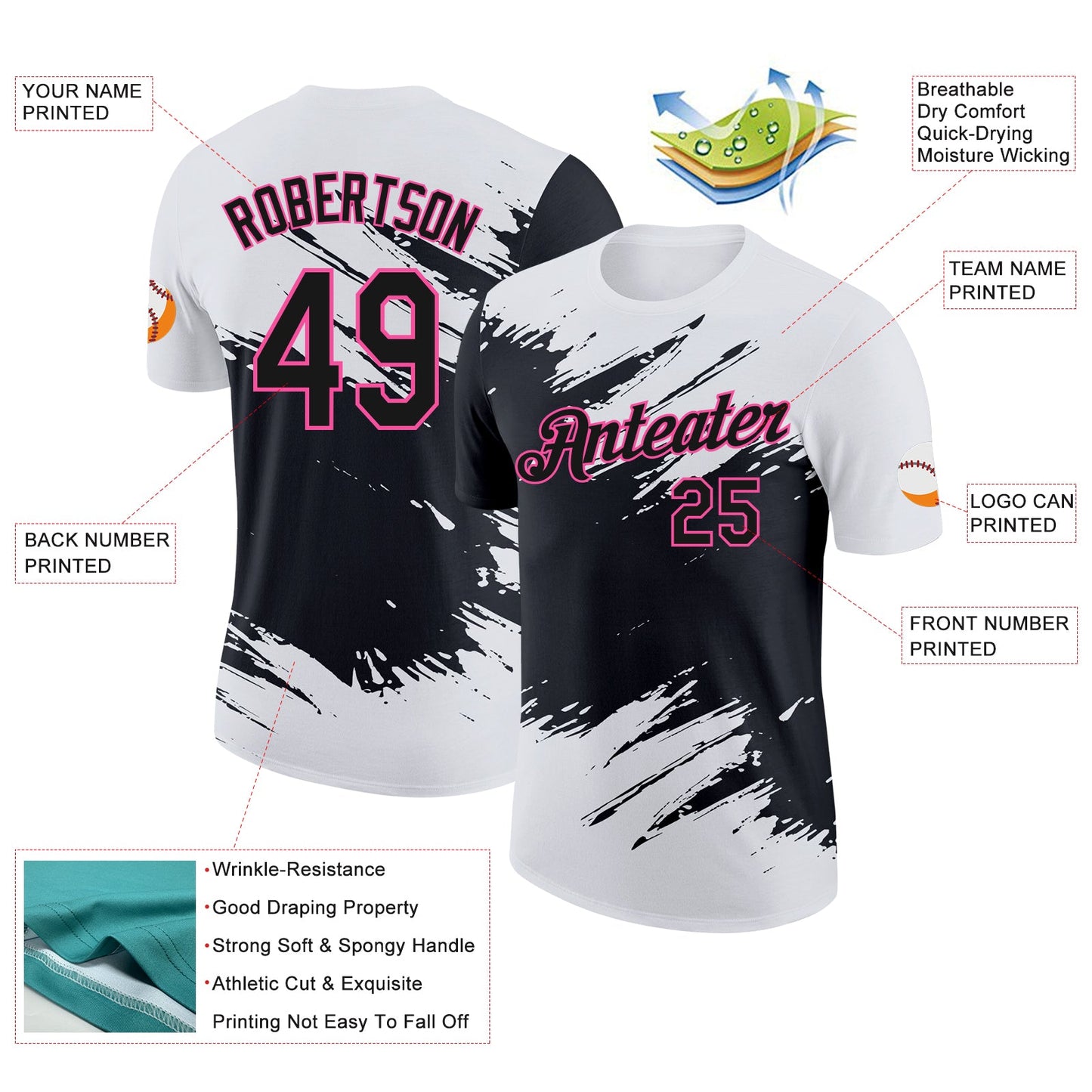 Custom White Black-Pink Abstract Brush Stroke Splatter Performance T-Shirt view 2