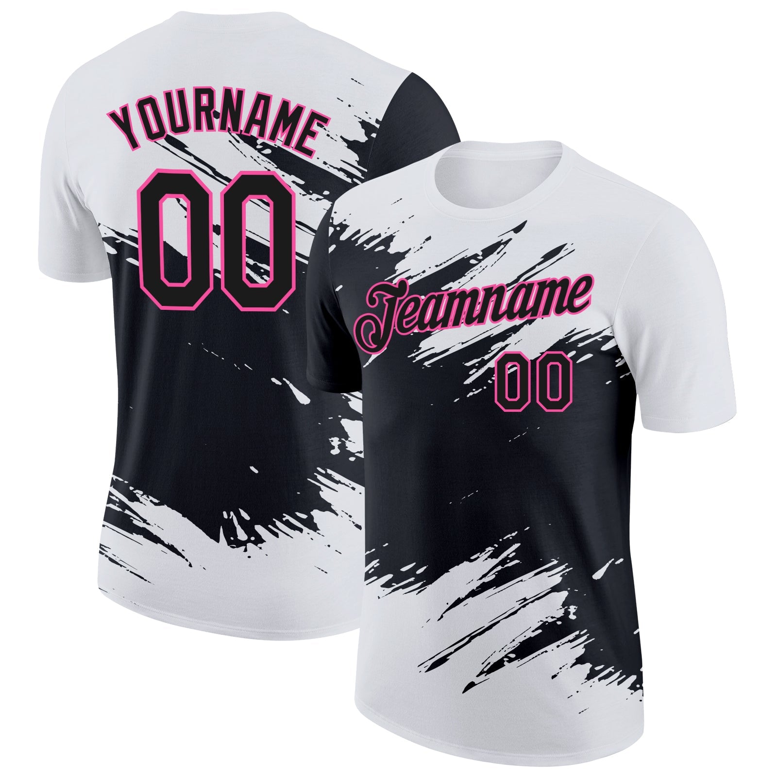 Custom White Black-Pink Abstract Brush Stroke Splatter Performance T-Shirt - Main View