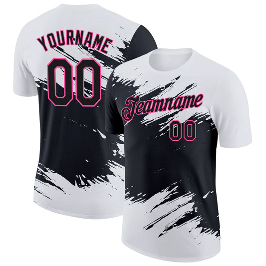 Custom White Black-Pink Abstract Brush Stroke Splatter Performance T-Shirt - Main View