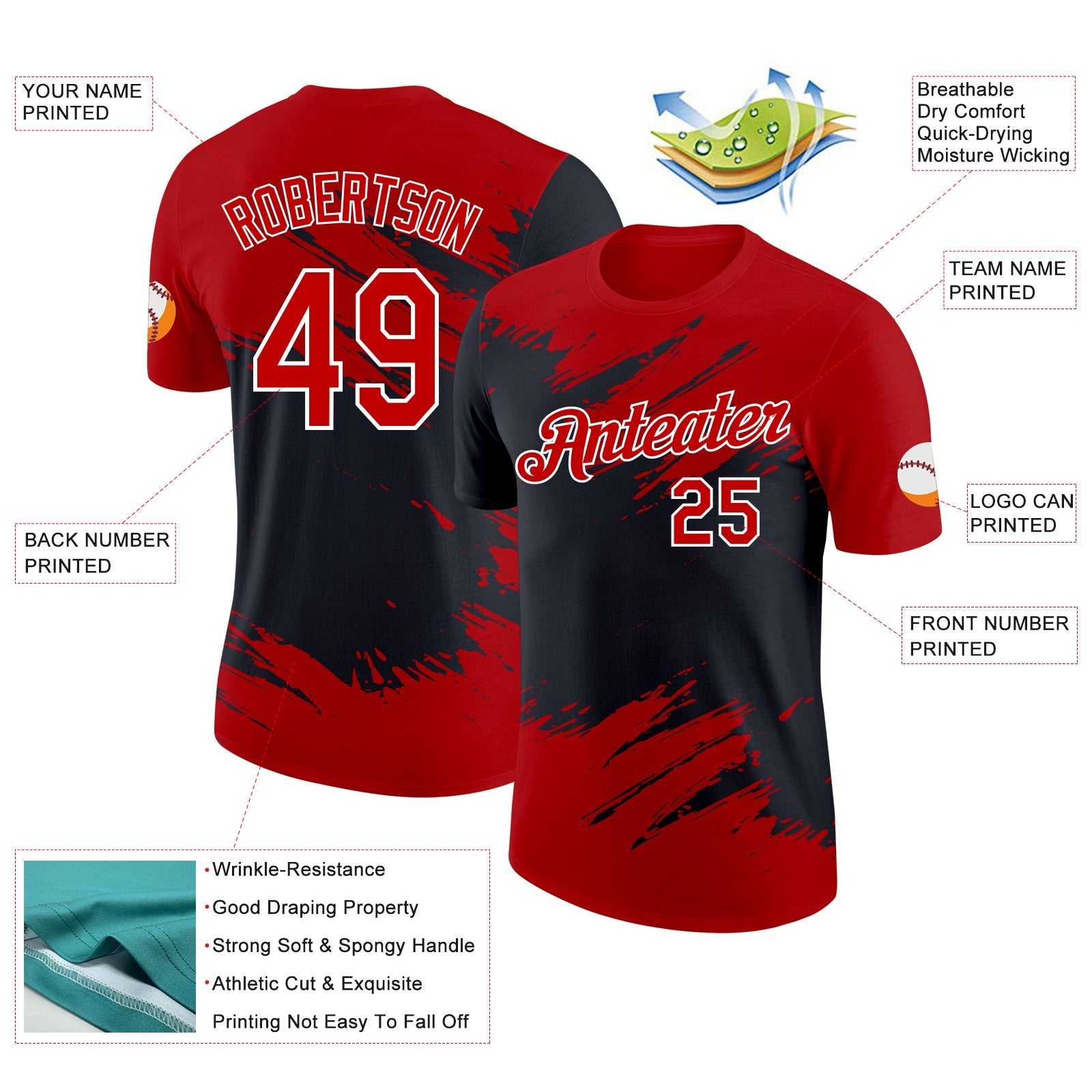 Custom Red Black-White Abstract Brush Stroke Splatter Performance T-Shirt view 2