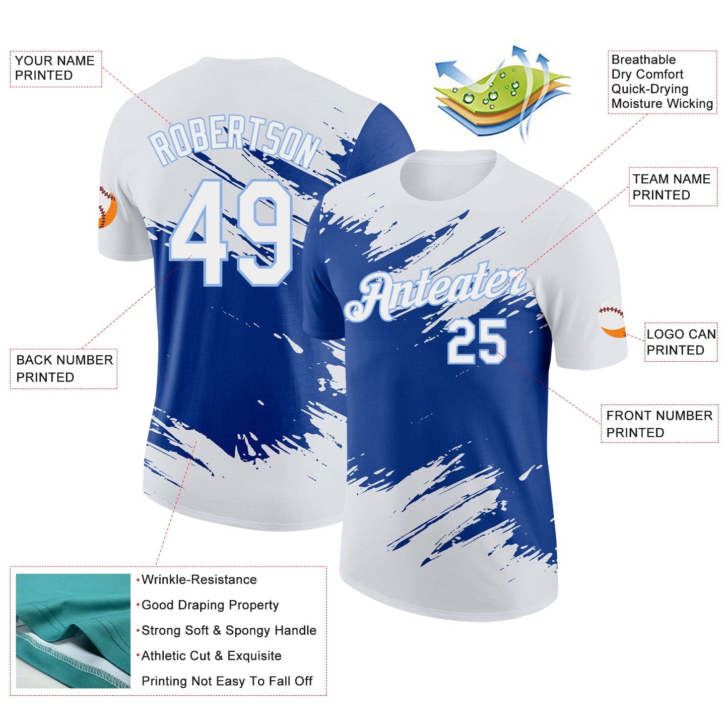 Custom White Royal-Light Blue Abstract Brush Stroke Splatter Performance T-Shirt view 2