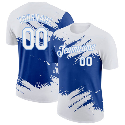 Custom White Royal-Light Blue Abstract Brush Stroke Splatter Performance T-Shirt - Main View