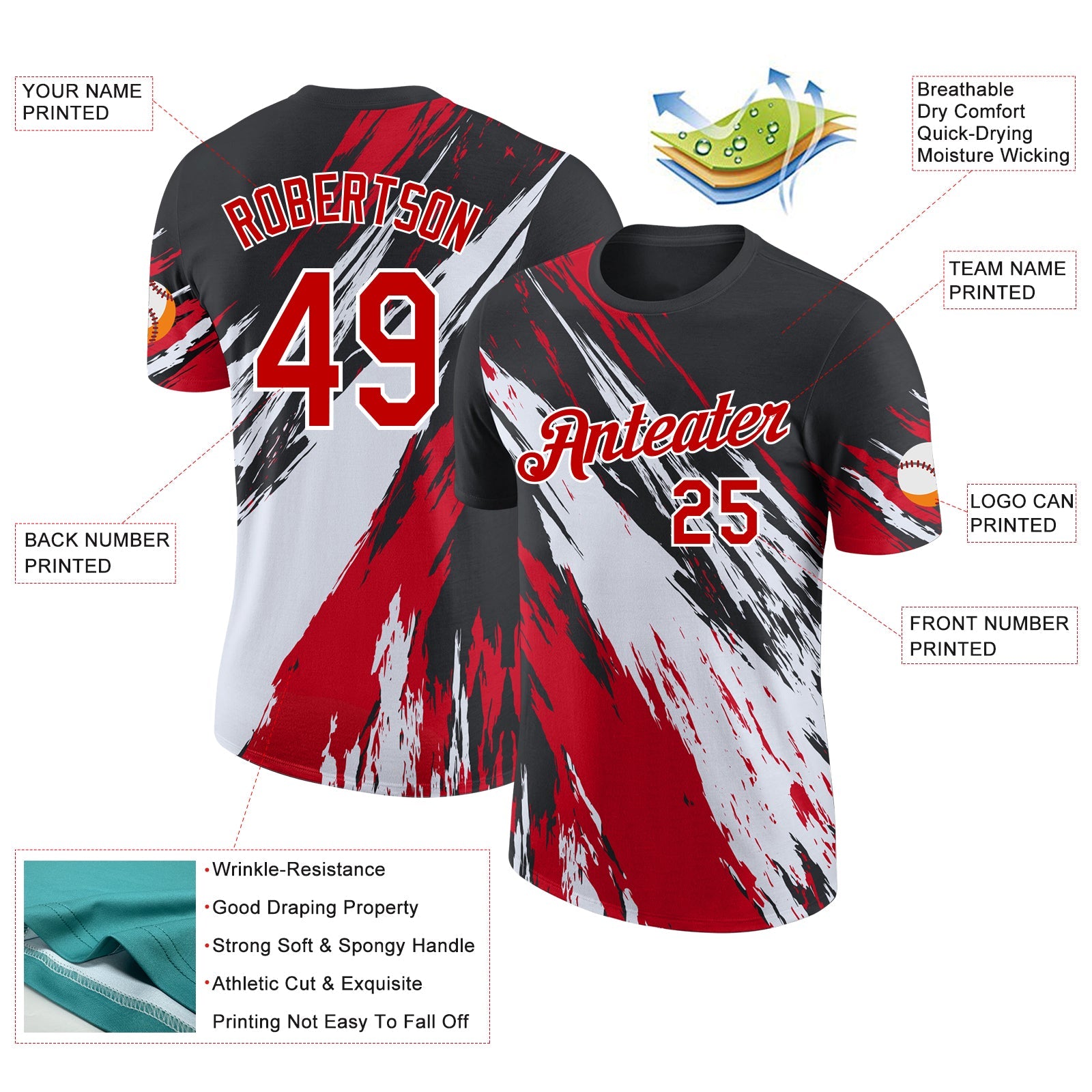 Custom Black Red-White Abstract Brush Stroke Splatter Performance T-Shirt view 2