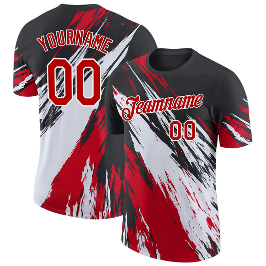 Custom Black Red-White Abstract Brush Stroke Splatter Performance T-Shirt - Main View