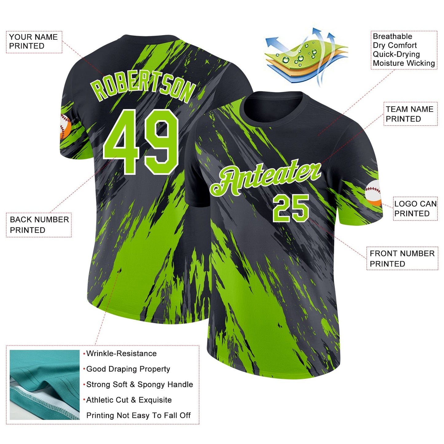Custom Black Neon Green Steel Gray-White Abstract Brush Stroke Splatter Performance T-Shirt view 2