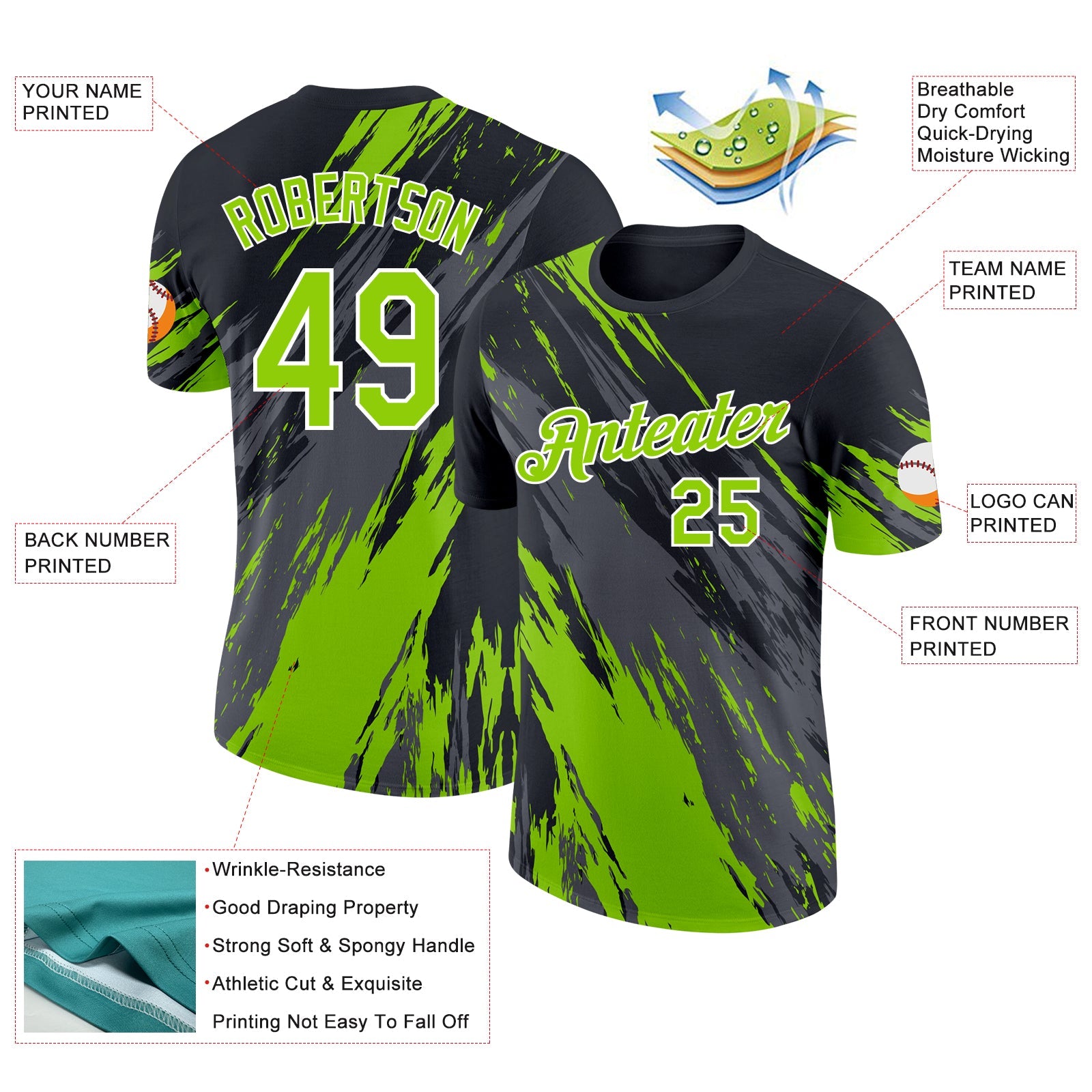 Custom Black Neon Green Steel Gray-White Abstract Brush Stroke Splatter Performance T-Shirt view 2