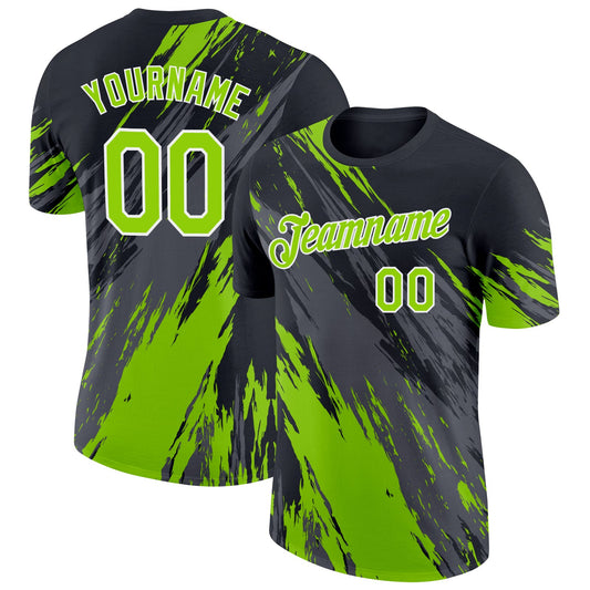 Custom Black Neon Green Steel Gray-White Abstract Brush Stroke Splatter Performance T-Shirt - Main View