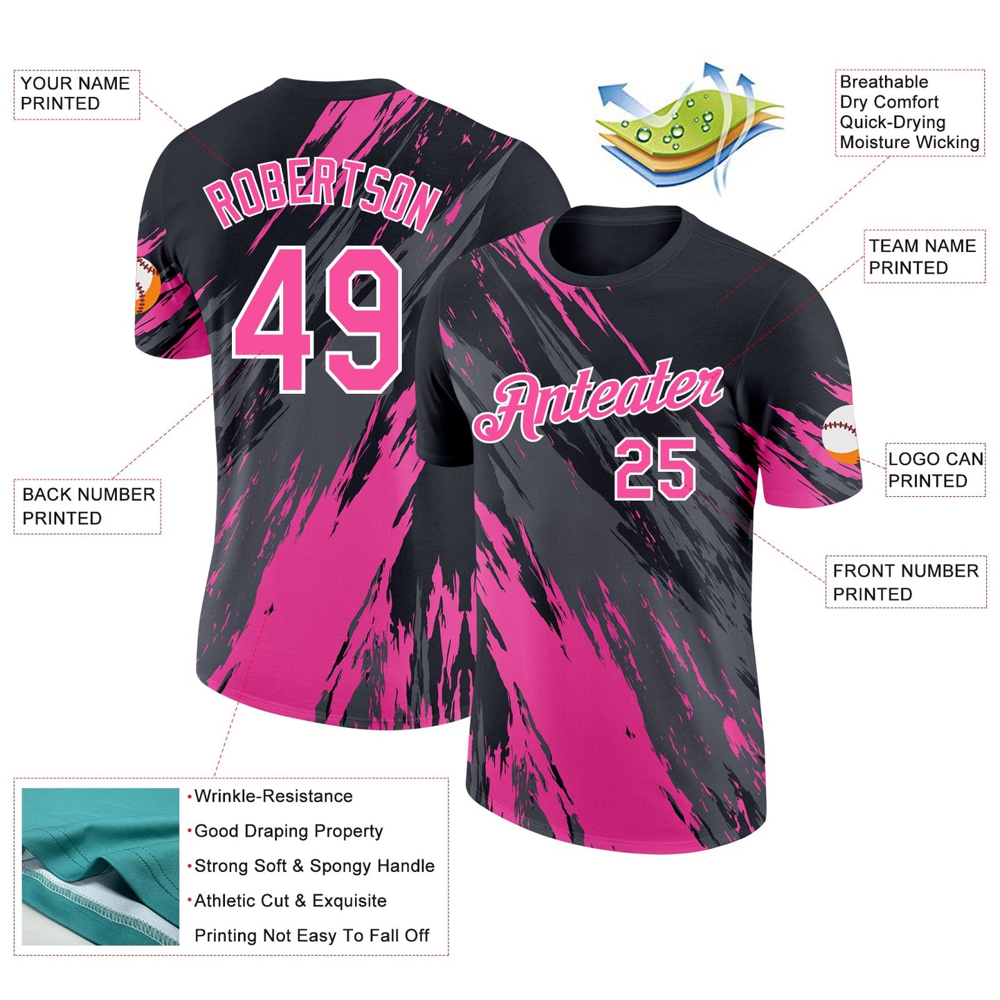 Custom Black Pink Steel Gray-White Abstract Brush Stroke Splatter Performance T-Shirt view 2