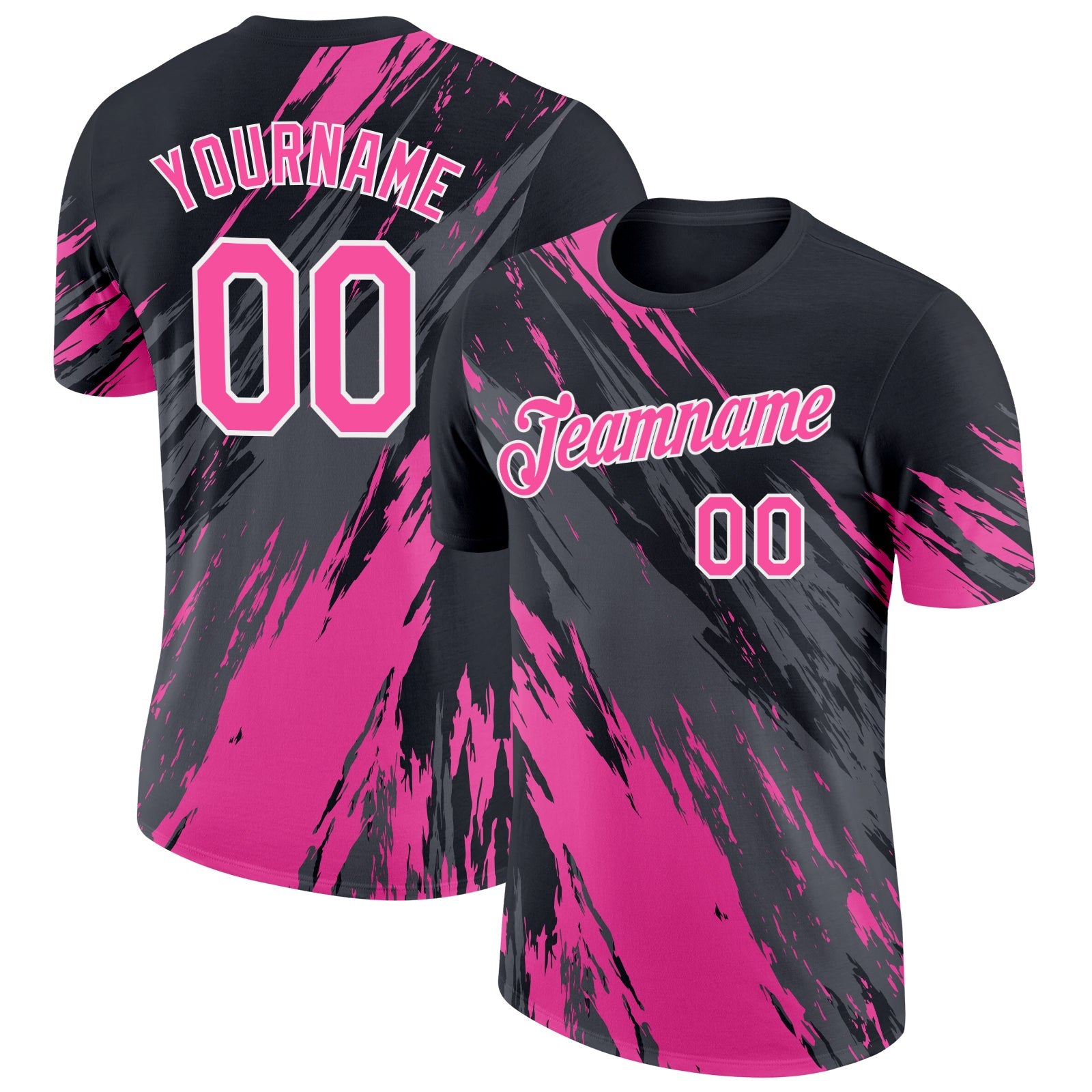 Custom Black Pink Steel Gray-White Abstract Brush Stroke Splatter Performance T-Shirt - Main View