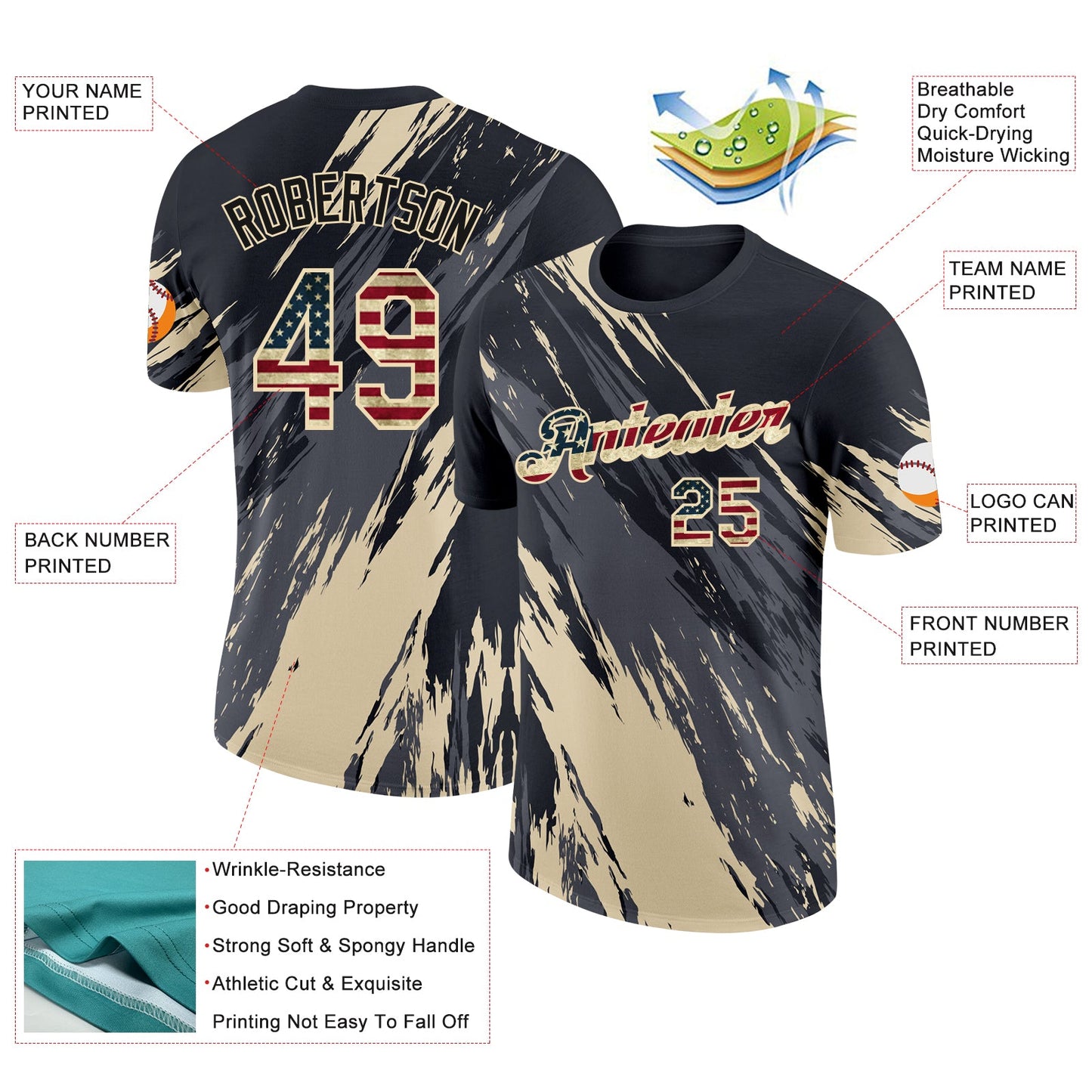 Custom Black Vintage USA Flag Steel Gray-Cream Abstract Brush Stroke Splatter Performance T-Shirt view 2
