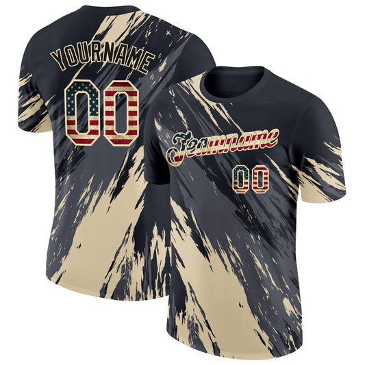 Custom Black Vintage USA Flag Steel Gray-Cream Abstract Brush Stroke Splatter Performance T-Shirt - Main View