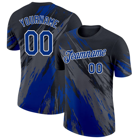 Custom Black Royal Steel Gray-White Abstract Brush Stroke Splatter Performance T-Shirt - Main View
