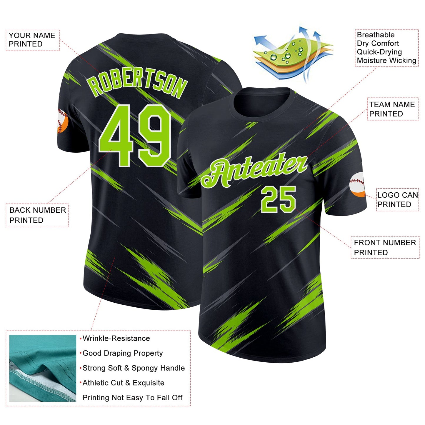 Custom Black Neon Green Steel Gray-White Abstract Brush Stroke Performance T-Shirt view 2