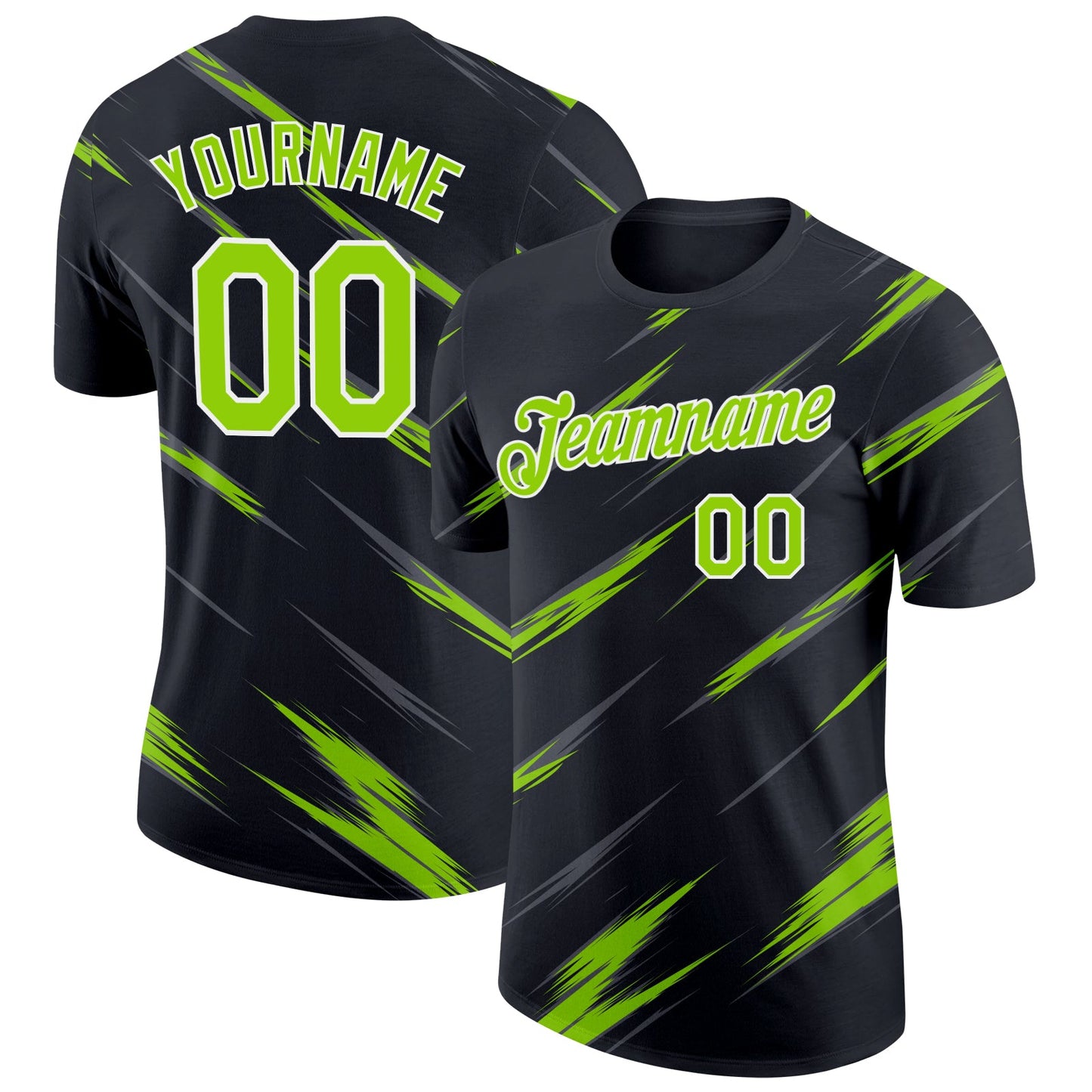 Custom Black Neon Green Steel Gray-White Abstract Brush Stroke Performance T-Shirt - Main View