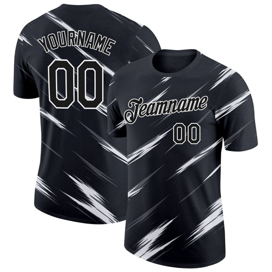 Custom Black Steel Gray-White Abstract Brush Stroke Performance T-Shirt - Main View