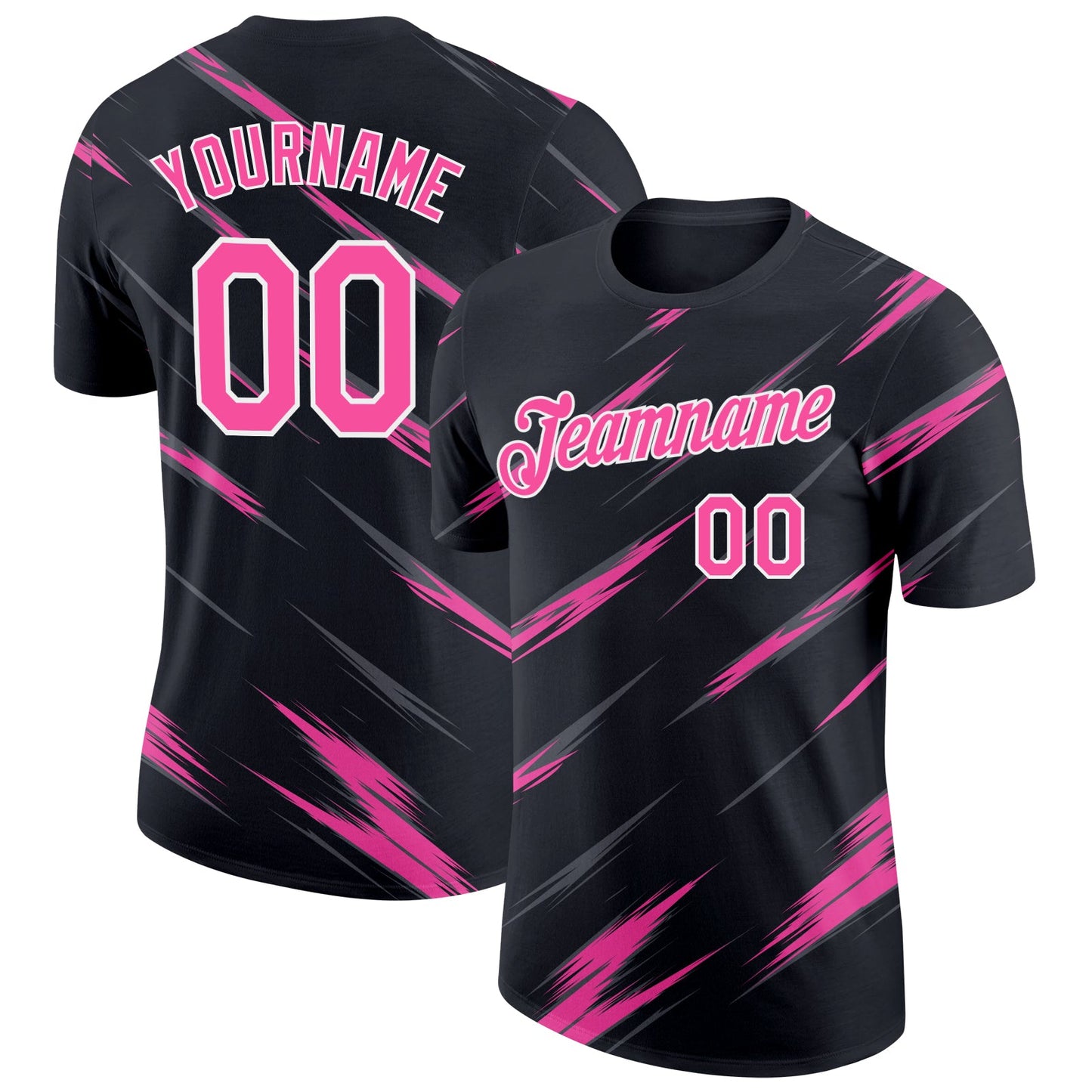 Custom Black Pink Steel Gray-White Abstract Brush Stroke Performance T-Shirt - Main View