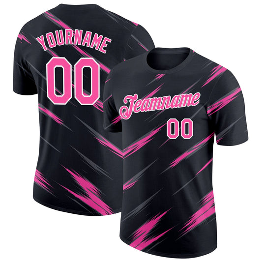 Custom Black Pink Steel Gray-White Abstract Brush Stroke Performance T-Shirt - Main View