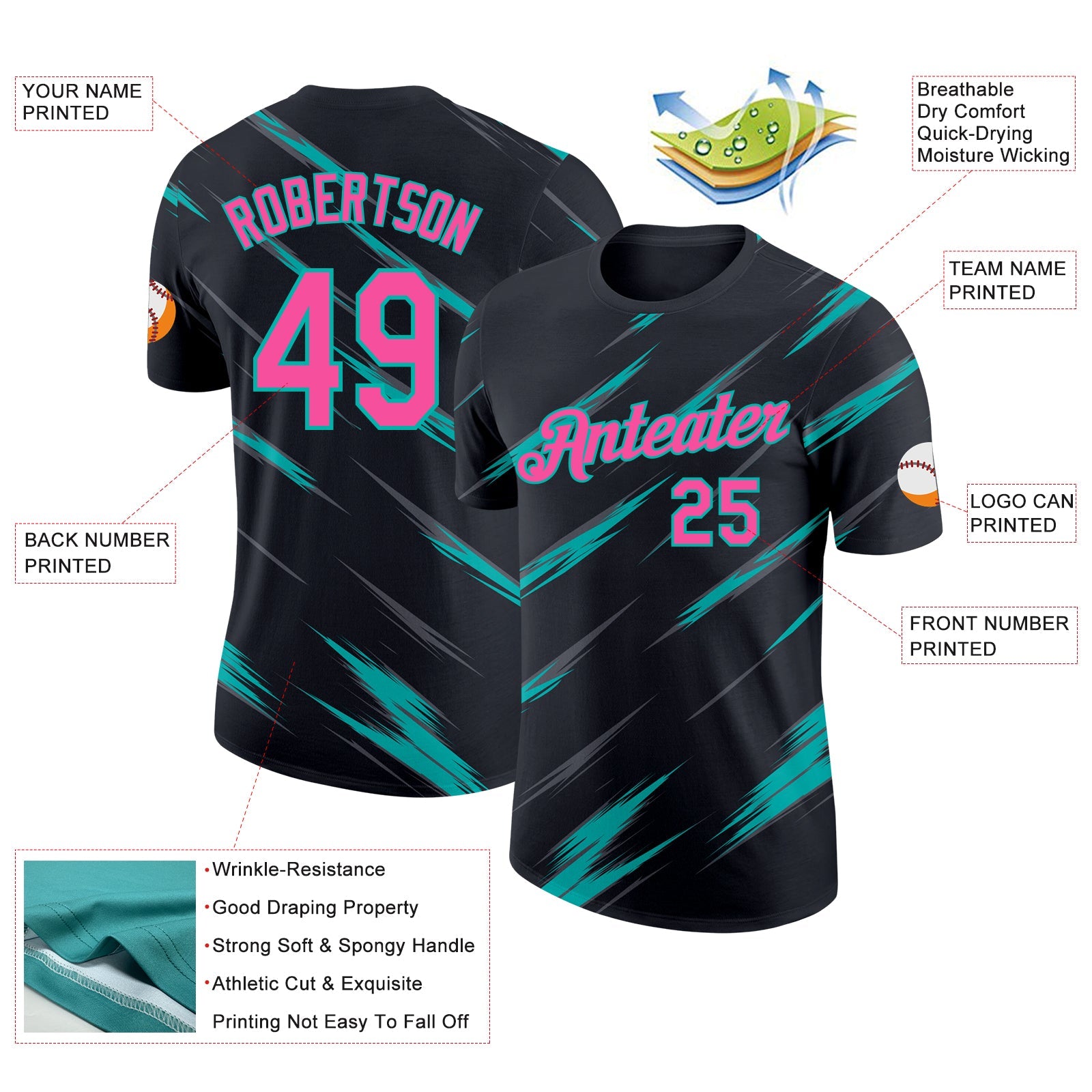Custom Black Pink Steel Gray-Aqua Abstract Brush Stroke Performance T-Shirt view 2