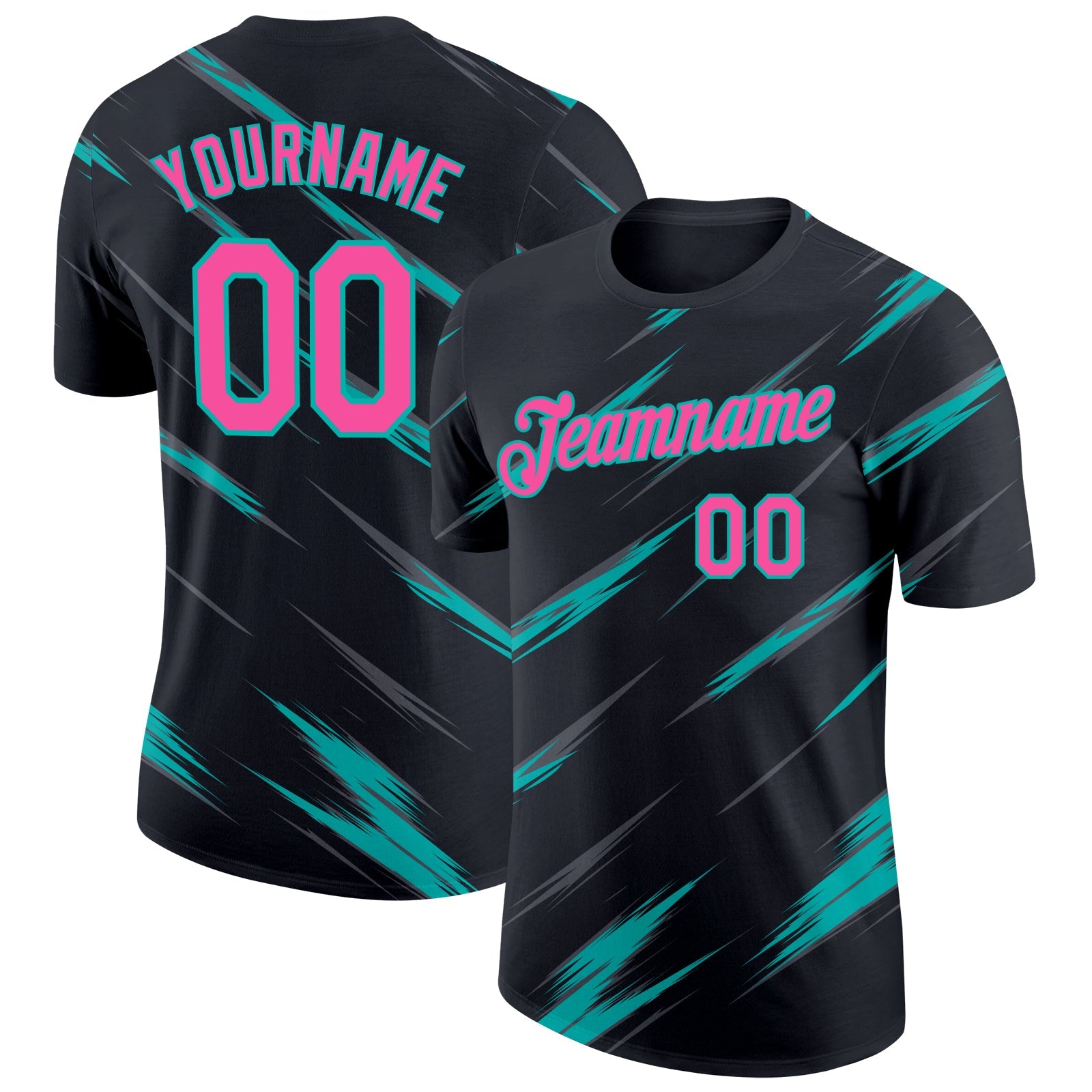 Custom Black Pink Steel Gray-Aqua Abstract Brush Stroke Performance T-Shirt - Main View