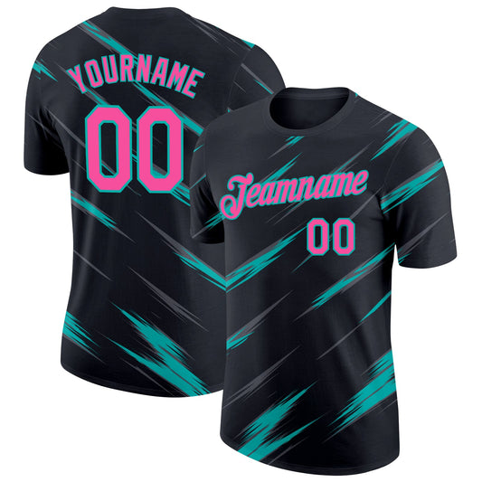 Custom Black Pink Steel Gray-Aqua Abstract Brush Stroke Performance T-Shirt - Main View