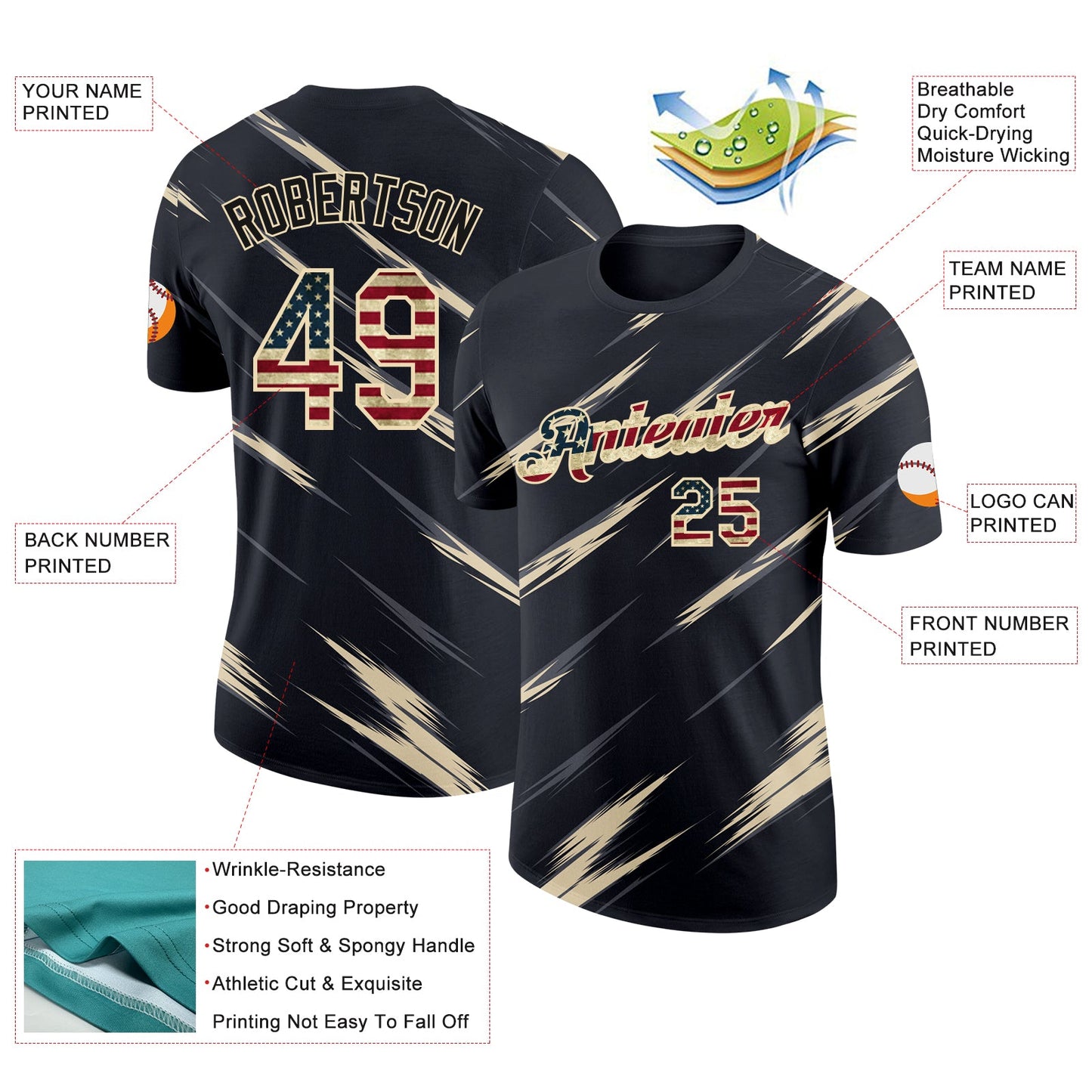 Custom Black Vintage USA Flag Steel Gray-Cream Abstract Brush Stroke Performance T-Shirt view 2