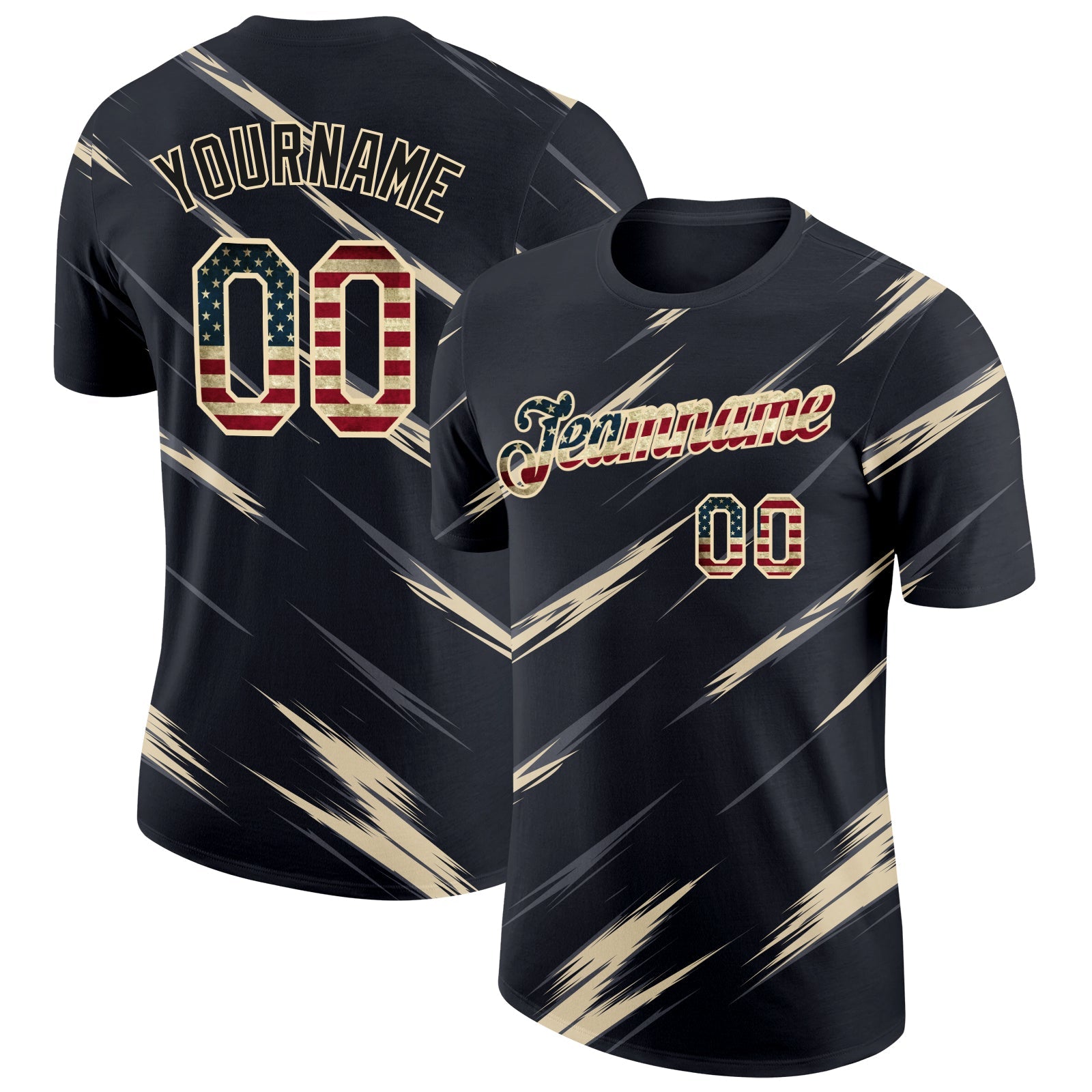 Custom Black Vintage USA Flag Steel Gray-Cream Abstract Brush Stroke Performance T-Shirt - Main View