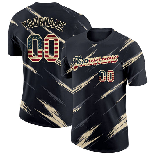 Custom Black Vintage USA Flag Steel Gray-Cream Abstract Brush Stroke Performance T-Shirt - Main View