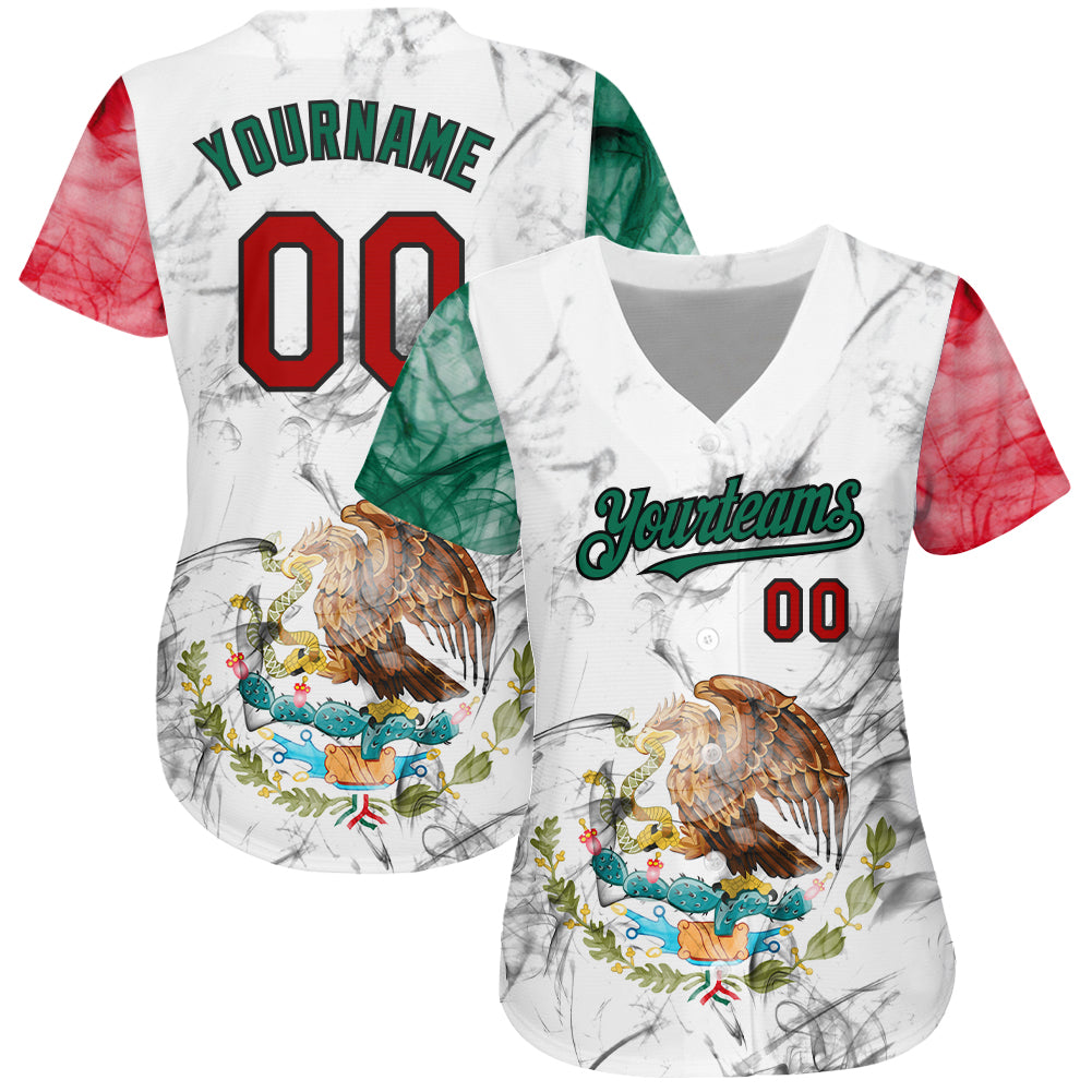 Custom White Red Kelly Green-Black 3D Mexican Flag Authentic Baseball Jersey view 2