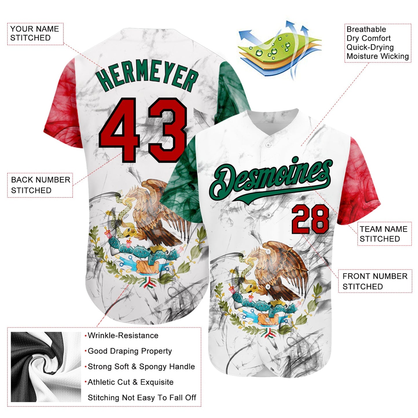 Custom White Red Kelly Green-Black 3D Mexican Flag Authentic Baseball Jersey view 3