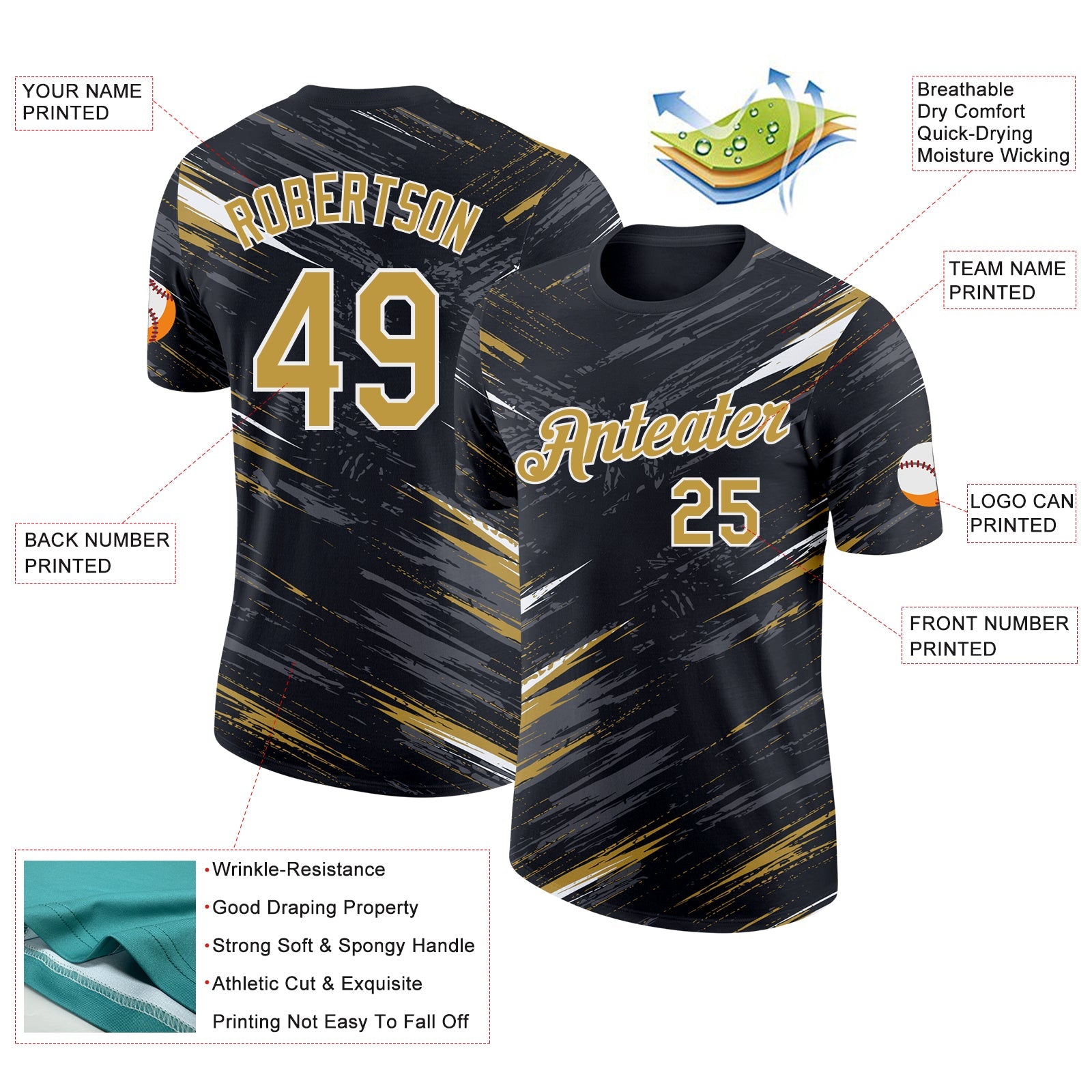 Custom Black Old Gold Steel Gray-White Abstract Brush Stroke Splatter Performance T-Shirt view 2