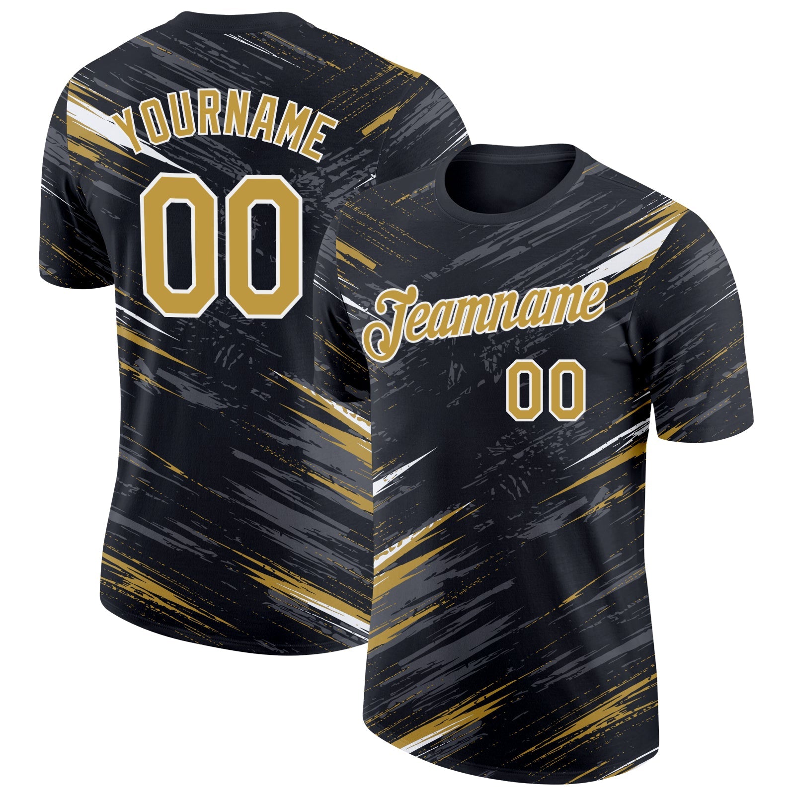 Custom Black Old Gold Steel Gray-White Abstract Brush Stroke Splatter Performance T-Shirt - Main View