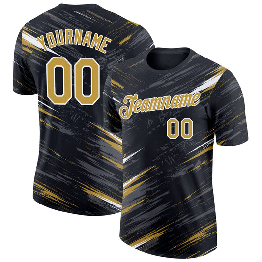 Custom Black Old Gold Steel Gray-White Abstract Brush Stroke Splatter Performance T-Shirt - Main View