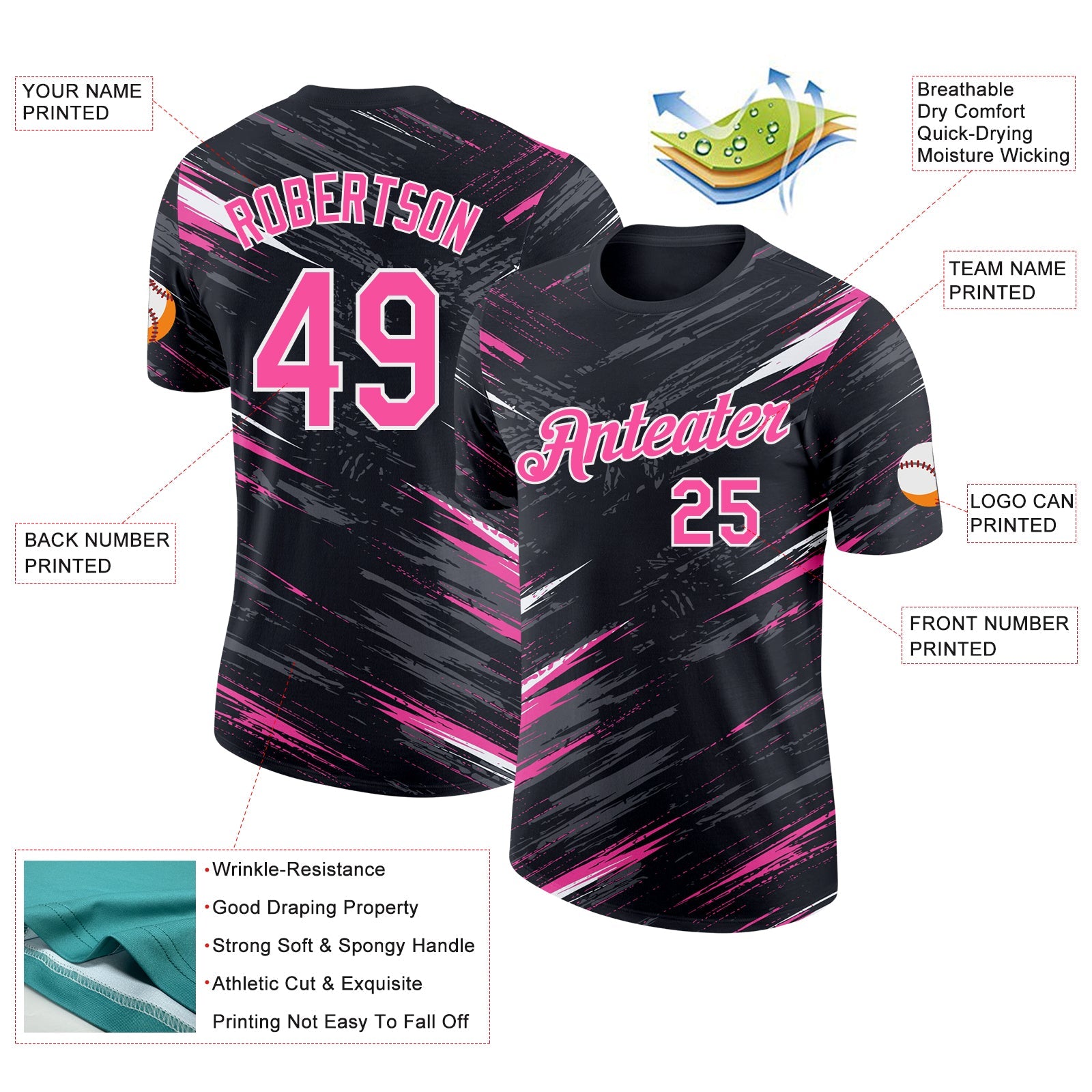 Custom Black Pink Steel Gray-White Abstract Brush Stroke Splatter Performance T-Shirt view 2
