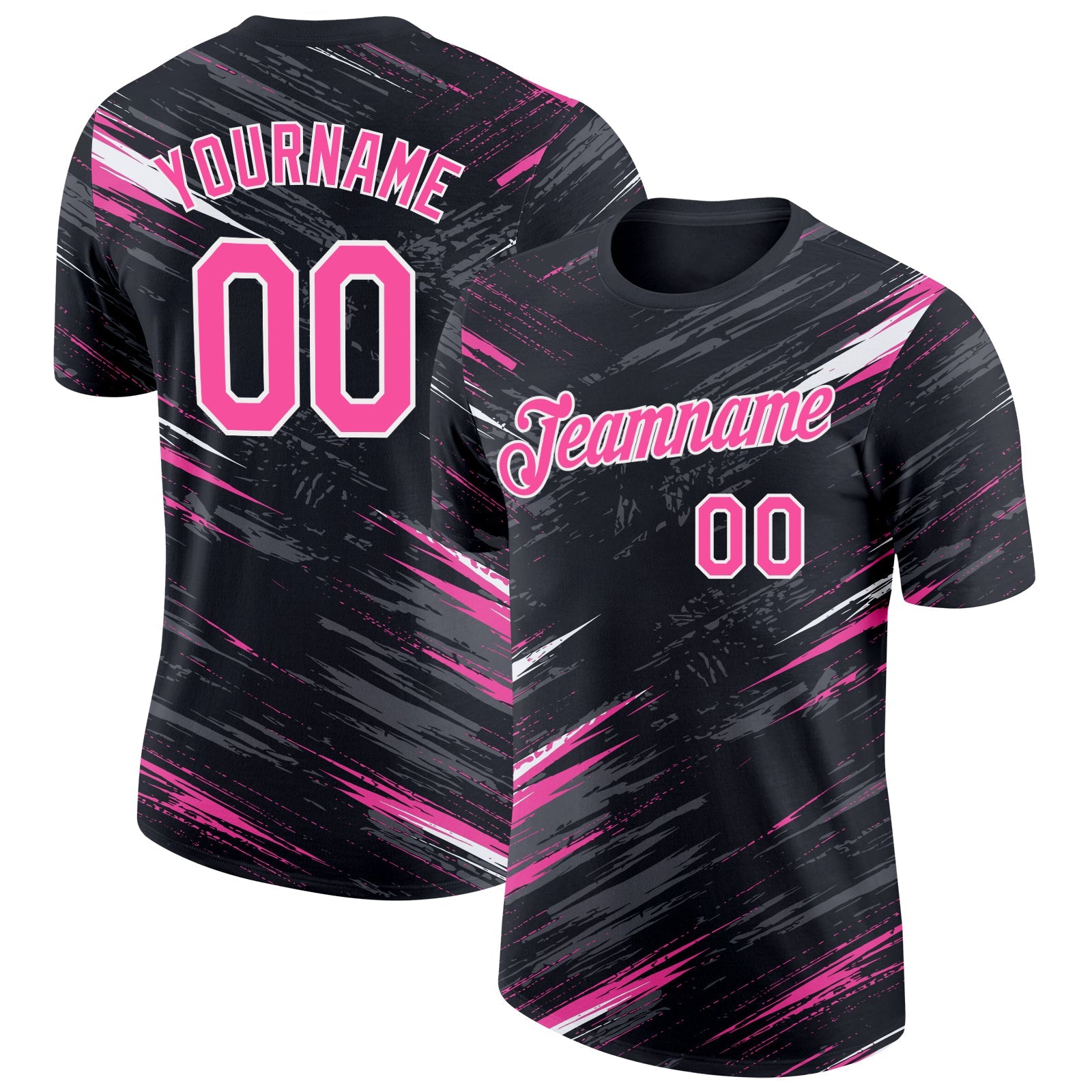 Custom Black Pink Steel Gray-White Abstract Brush Stroke Splatter Performance T-Shirt - Main View